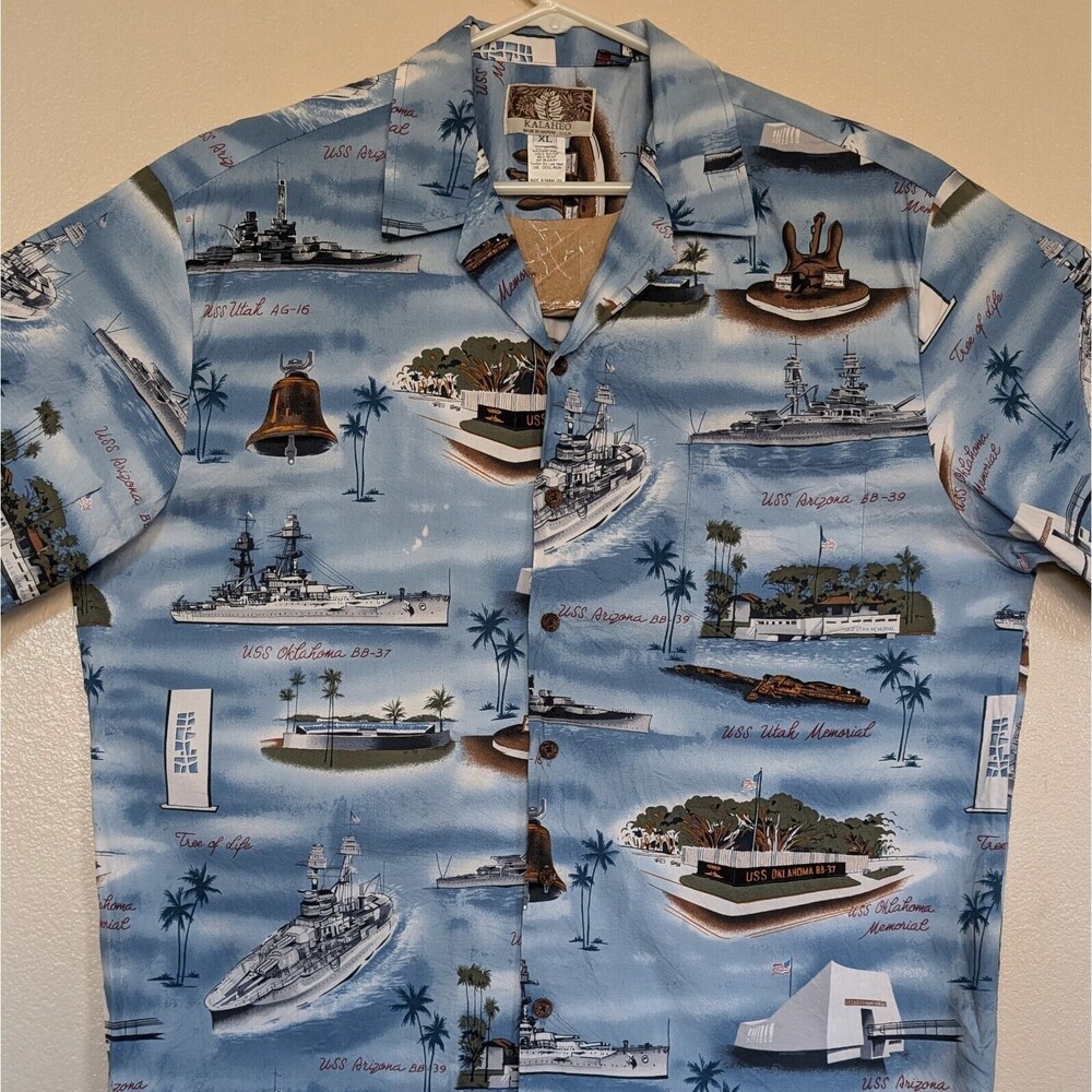 KALAHEO USA NAVY USSShips Memorial Shirt Men's XL Hawaiian Camp Battleships USN